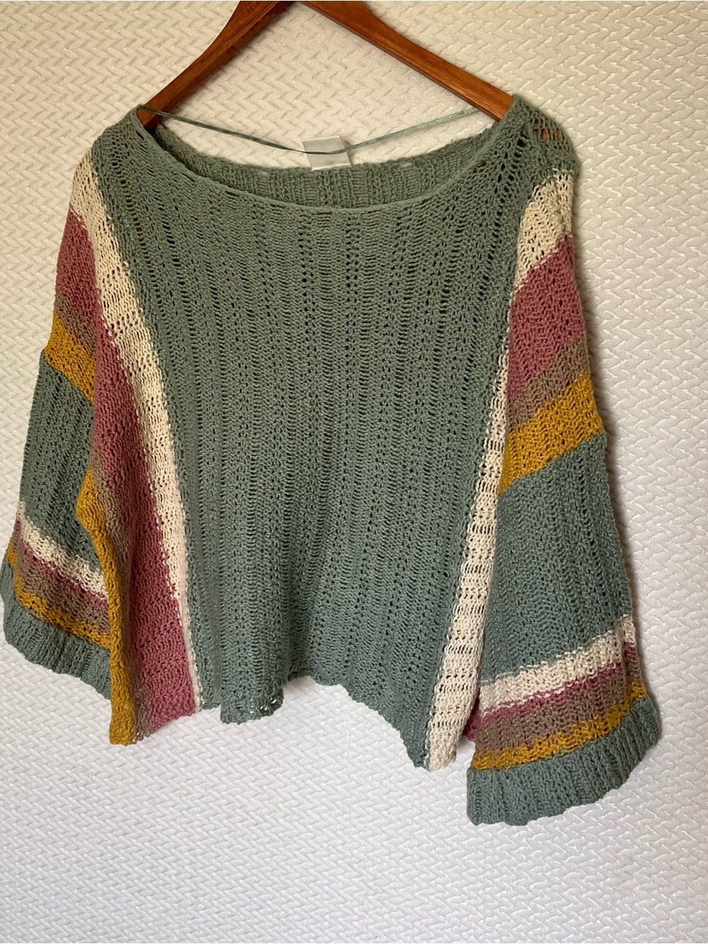 By Together Boho Open Knit Sweater Sage Green Striped Wide Neck Bell Sleeve M